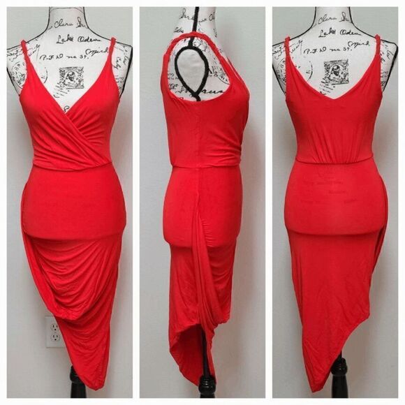 🧡 BEBE Twist Skirt Asymmetrical Hem Grecian Goddess Orange Dress Size XXS/TTP - Picture 2 of 12